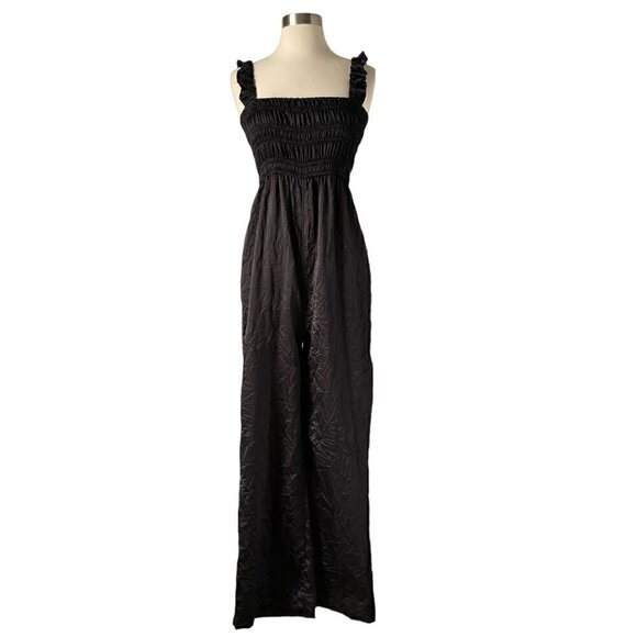 Ganni Crinkle Satin Jumpsuit Size 2 Black Smocked Ruffle Wide Leg - Picture 8 of 8